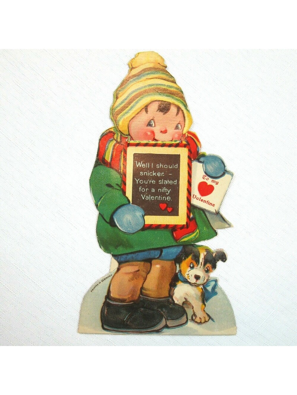 Vintage Valentine Card Boy & Puppy Dog Mechanical Moving Head Germany 20s-30s
